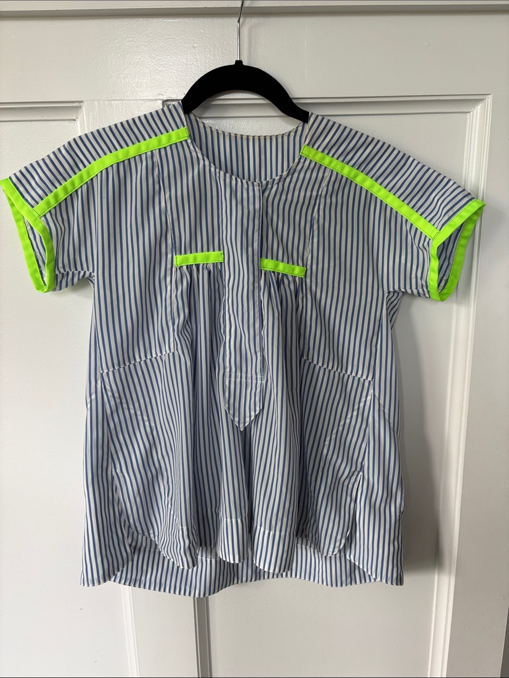 Koch Blue and White Striped Short Sleeve Top with Neon Trim